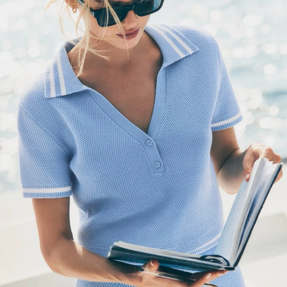 ALO Tennis Club Sweater Knit Cropped Polo - Seashell Blue/White NWT! 🐚 - Picture 3 of 11
